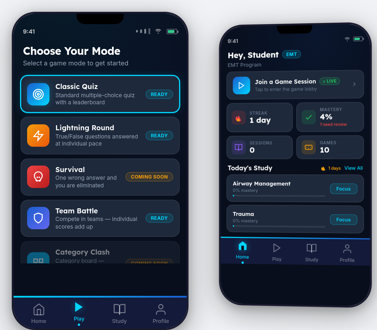 Pulse app showing gamified EMS practice with flashcards and live competitions